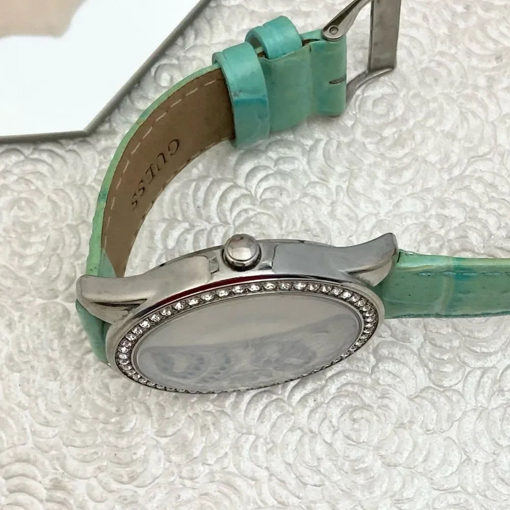 Guess Crystal Accented Bezel and Dial Large Face Watch with Leather Strap
